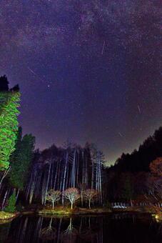 森の夜空を飾る天の川と流れ星1 星空,天の川,流れ星の写真素材