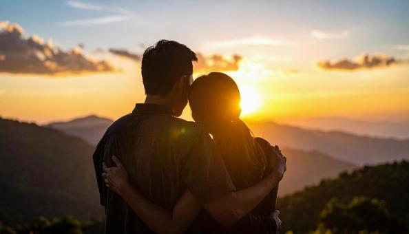 Silhouette of two people hugging each other, a couple, newly married, couple, JPG