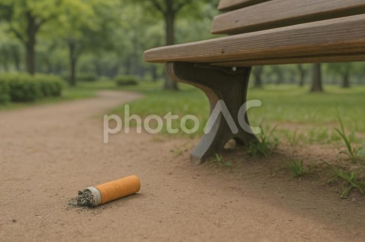 公園のベンチ脇に捨てられたタバコの吸い殻 ai生成,タバコ,吸い殻の写真素材