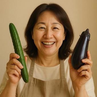 エプロン姿の女性と夏野菜 きゅうりとナス エプロン姿の女性と夏野菜 きゅうりとナスの写真