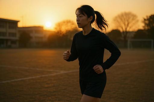 朝日を浴びてジョギングする女子選手 朝日を浴びてジョギングする女子選手の写真