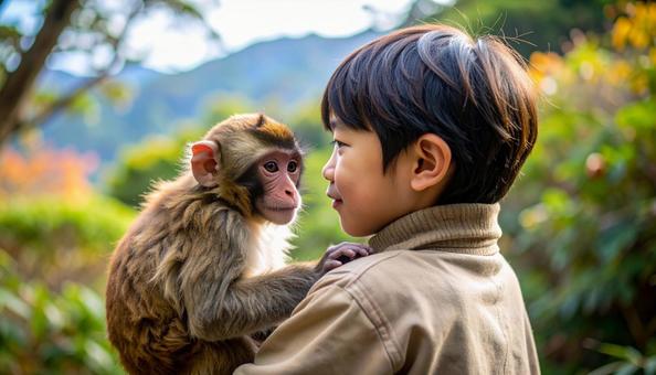 男の子 肩に止まる小さなサルにえさやり 男の子 肩に止まる小さなサルにえさやりの写真