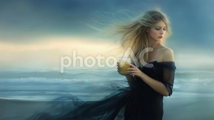 強い風の日に海を歩く女性 女性,海,風の写真素材