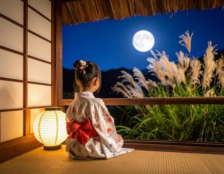 七夕の夜、月を見上げる浴衣の少女の写真