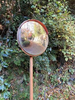 カーブミラーに映る秋の風景 カーブミラー,秋,自然の写真素材