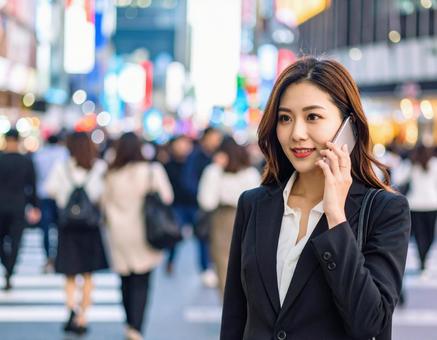 街中で通話する女性の写真