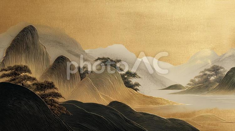 金箔風の山水風景 山,風景,和風の写真素材