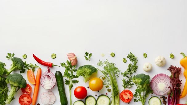 カラフルな野菜を並べた白背景フラットレイ カラフルな野菜を並べた白背景フラットレイの写真