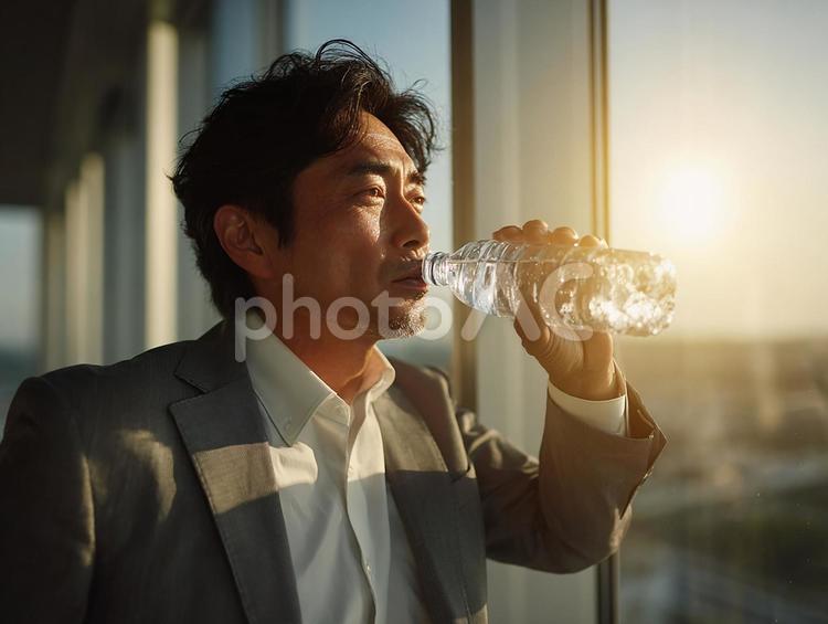 ビジネスシーン：ボトルウォータで喉を潤す 日本人,ビジネスマン,男性の写真素材