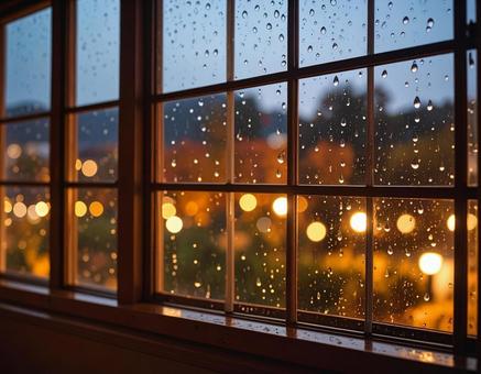 雨の日の窓と外の灯り 雨の日の窓と外の灯りの写真