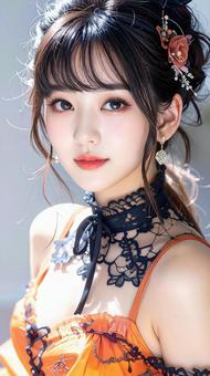 ハロウィンの仮装 女性 オレンジ色ドレス ハロウィンの仮装 女性 オレンジ色ドレスの写真