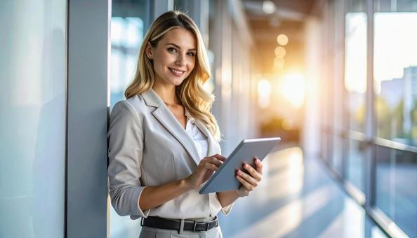 壁際に立ちタブレットを操作する外国人女性 壁際に立ちタブレットを操作する外国人女性の写真