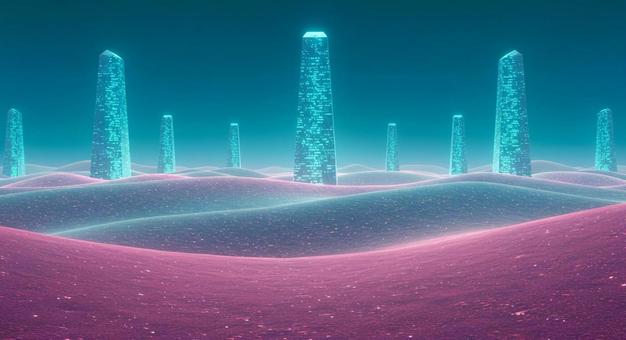 砂漠の砂丘に光る古代コードのオベリスク 砂漠の砂丘に光る古代コードのオベリスクの写真
