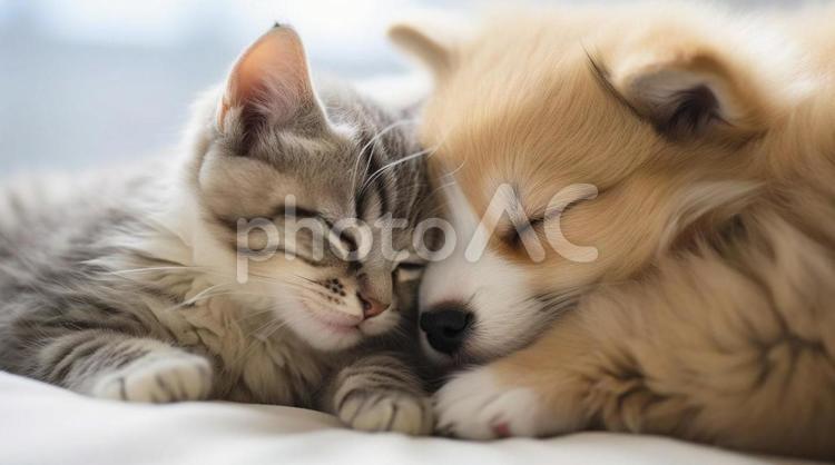 寝ている子犬と子猫 いぬ,ねこ,ぬくもりの写真素材
