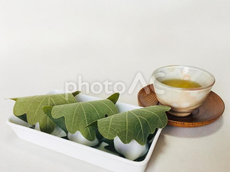 お皿にのせた3つの柏餅とお茶（右から） 柏餅,端午の節句,こどもの日の写真素材