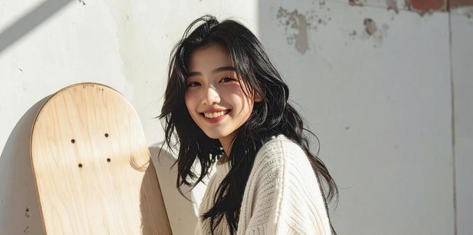 女性とスケボー 女性とスケボーの写真