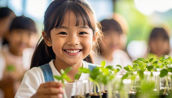 実験している6歳くらいの笑顔の子ども 実験している6歳くらいの笑顔の子どもの写真