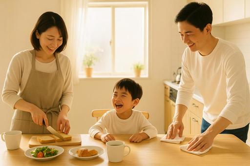 朝ごはんの準備をするママ 朝ごはんの準備をするママの写真