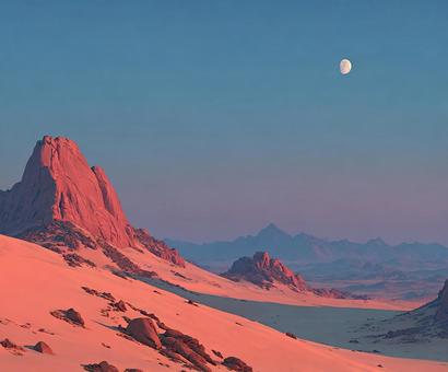 異世界の絶景:夕焼けに染まる巨大な岩山 異世界の絶景:夕焼けに染まる巨大な岩山の写真