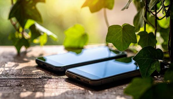 連絡交換のイメージ 机の上の携帯電話二台 連絡交換のイメージ 机の上の携帯電話二台の写真