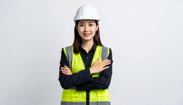 胸に手を当てる作業着の日本人女性 胸に手を当てる作業着の日本人女性の写真
