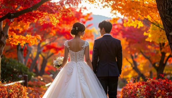 紅葉のウェデイングドレス姿の花嫁と花婿 紅葉のウェデイングドレス姿の花嫁と花婿の写真