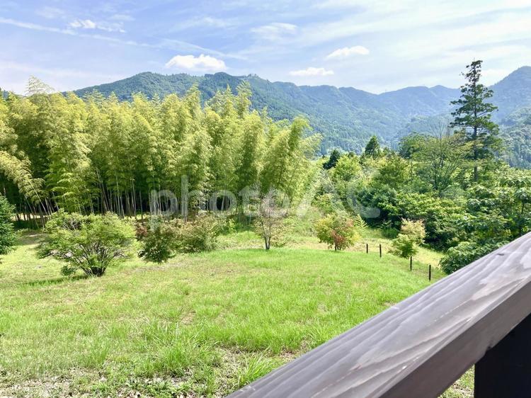 ウッドデッキから見た自然と森 山,木,木々の写真素材