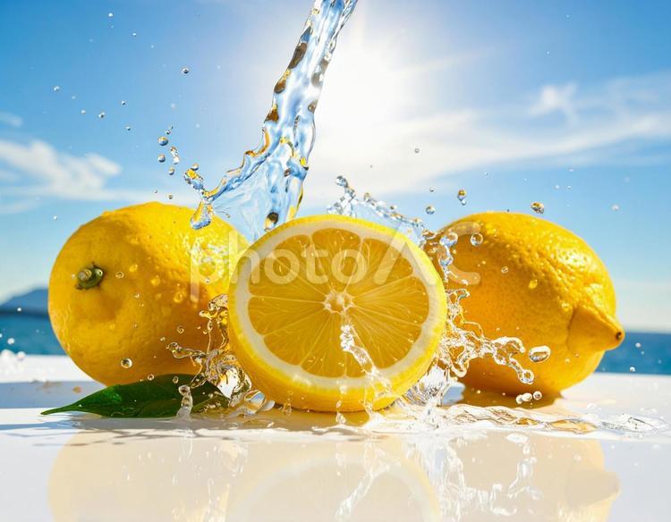 水しぶきとレモンたち レモン,しぶき,水の写真素材