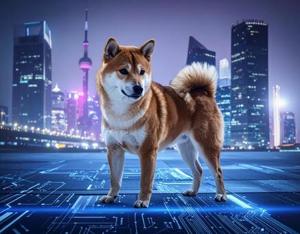 戌年フォト・未来都市を守る柴犬の写真