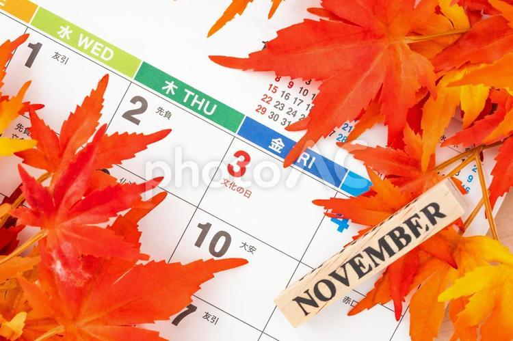 紅葉とカレンダーで文化の日のイメージ 文化の日,芸術の秋,カレンダーの写真素材