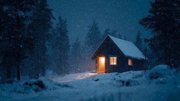 冬の景色：神秘的な光を放つ小屋の写真