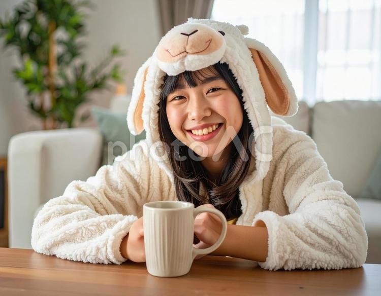 未年フォト・羊子さんカフェオレを飲む 未年,年賀状,羊の写真素材