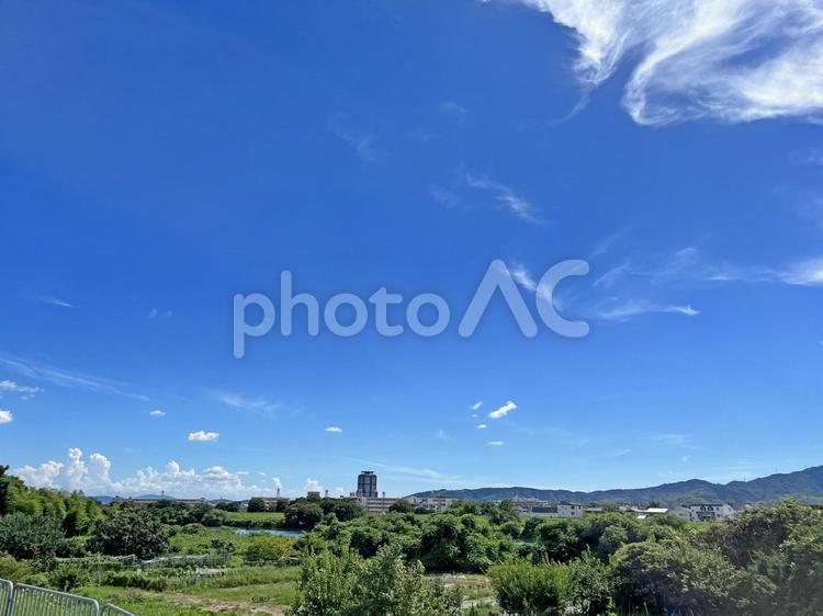京都久世橋のほとりより南に見る 空,景色,風景の写真素材