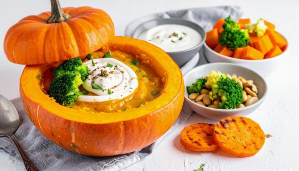 ハロウィン料理 かぼちゃの器のスープ ハロウィン料理 かぼちゃの器のスープの写真