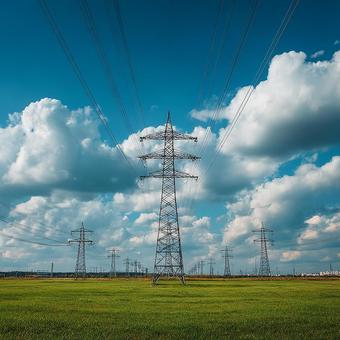 広大な大地を走る電力インフラの写真