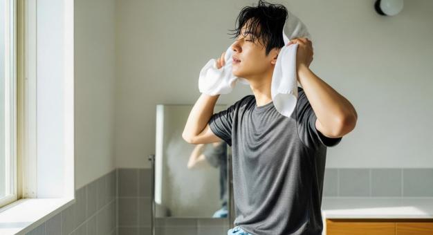 濡れた髪をタオルで拭く男性 濡れた髪をタオルで拭く男性の写真