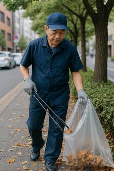 歩道の落ち葉を集める 歩道の落ち葉を集めるの写真