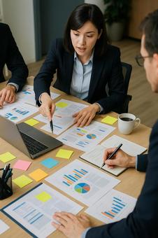 会議で資料説明 会議で資料説明の写真