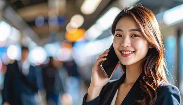 携帯電話で会話する美しい女性会社員 携帯電話で会話する美しい女性会社員の写真