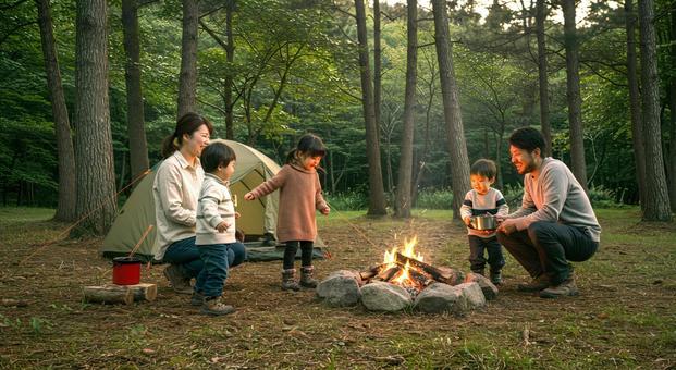 キャンプをする家族 キャンプをする家族の写真