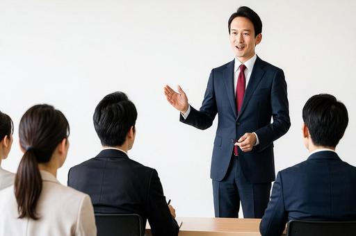 セミナー研修で発表する男性講師と参加者 セミナー研修で発表する男性講師と参加者の写真