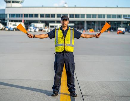 航空機を誘導するマーシャラー 航空機を誘導するマーシャラーの写真