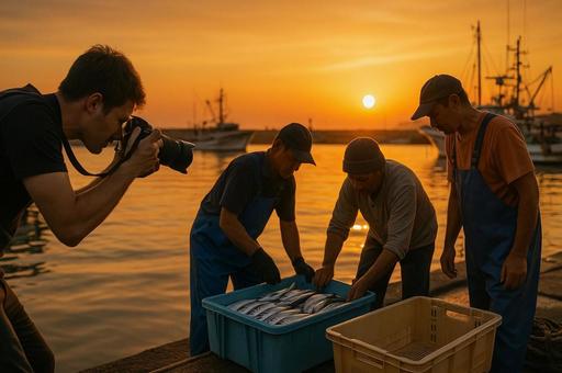 夕暮れ漁港の漁師と魚 夕暮れ漁港の漁師と魚の写真