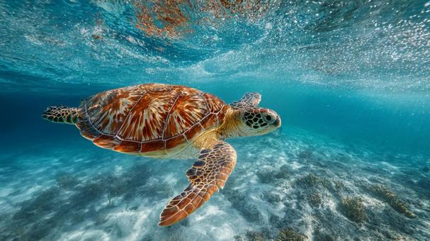 透明な青い海を優雅に泳ぐウミガメ 透明な青い海を優雅に泳ぐウミガメの写真