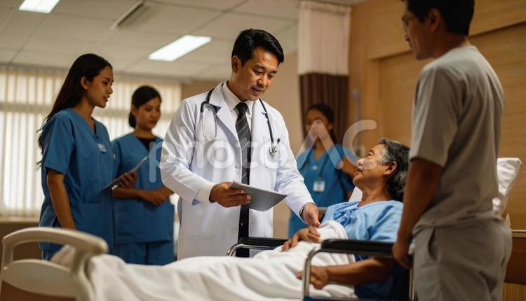 入院患者と家族に説明をする男性医師 インフォームドコンセント,相談,健康の写真素材