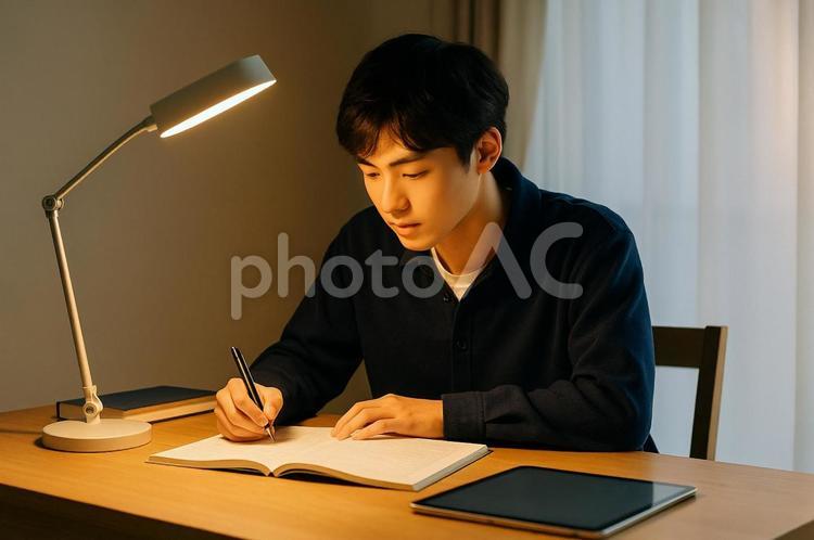 夜自宅のデスクで勉強する高校生男子 学習,勉強,机の写真素材
