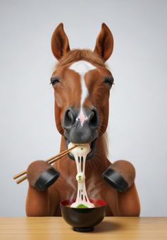 箸で餅を食べる馬 箸で餅を食べる馬の写真