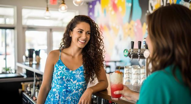 カフェで会話を楽しむ笑顔の女性と店員 カフェで会話を楽しむ笑顔の女性と店員の写真
