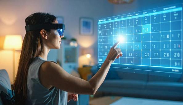 ホログラムカレンダーを見る女性の写真