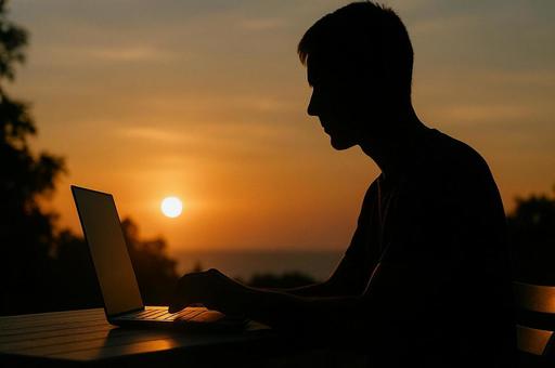 リモートワークシルエット　夕焼けの写真